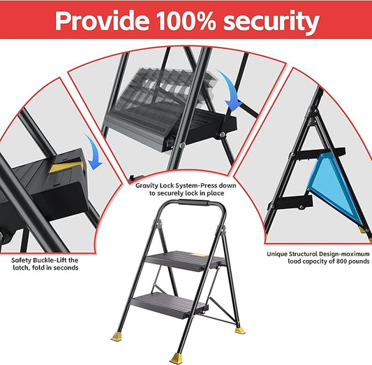 Foldable Stepstool Stair Ladders - 2-Stepping Extension Tall Heavy Duty with Handrails, 800Lbs for Home Adults Kitchen, Closet Indoor House Extendable Step Ladder Stool