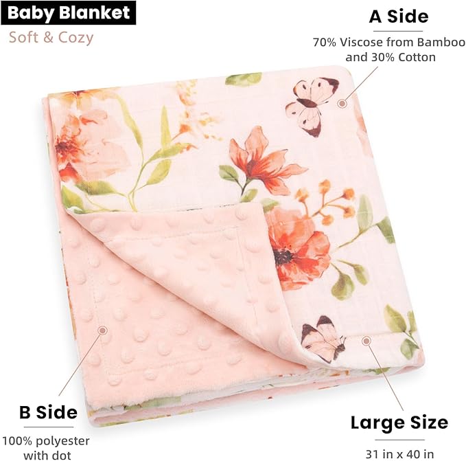 LifeTree Baby Blankets for Boys Girls, Soft Double Layer Swaddle Blankets, Muslin Front and Dotted Fleece Backing Receiving Bed Throw Blanket for Newborn Unisex, 31X40 Inches, Butterfly and Floral