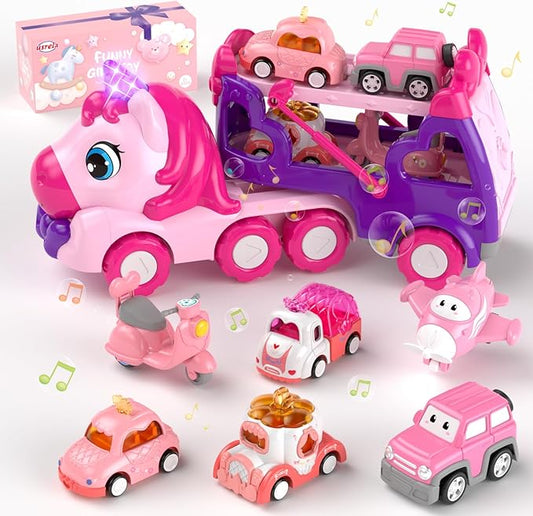 Girls Toys for 2 3 Year Old, Toddler Girl Toys Age 2-4, 7-in-1 Carrier Truck with Light & Music, Truck Toys for 1 2 3 Year Old Girl Birthday