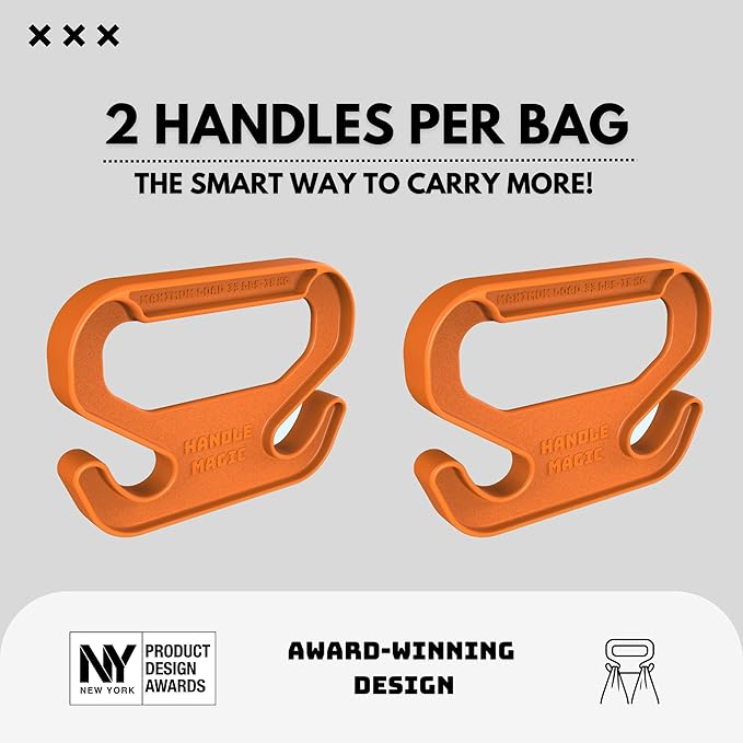 Handle Magic (2 Units) Bag Carriers | Ergonomic Grip and Bag Holder | Pocket Size | Lightweight & Comfortable for Shopping & Travel - Made in USA (Orange)
