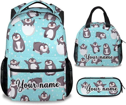 COOPASIA Personalized Penguin Backpack with Lunch Box and Pencil Case, 16 Inch Penguin Theme Bookbag with Adjustable Straps, Durable, Lightweight, Large Capacity, School Backpack for Girls Women
