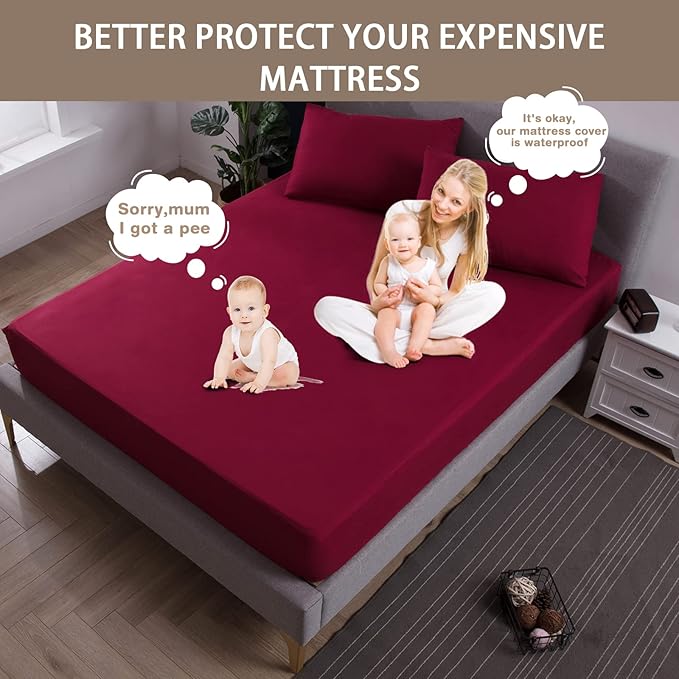 Mecerock Mattress Protector, Breathable and Soft Waterproof Mattress Protector, Mattress Cover, Wine Red Mattress Cover Full Size Bed
