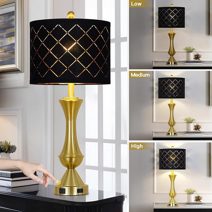 luxeflow 29" Gold Modern Table Lamps Set of 2, 3-Way Dimmable Touch Lamps for Nightstand with USB A+C & Outlets,Brass Lamps for Living Room, Bedroom, Nightstand, Entryway(2 Bulbs Included)
