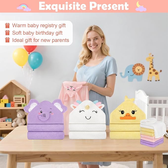 CandyHome 12 PCS Baby Bath Towels for Infants Toddlers, 4 PCS Animal Hooded Baby Towels & 8 PCS Washcloths Set, Ultra Absorbent Soft Cute Newborn Essential Gift for Boys & Girls
