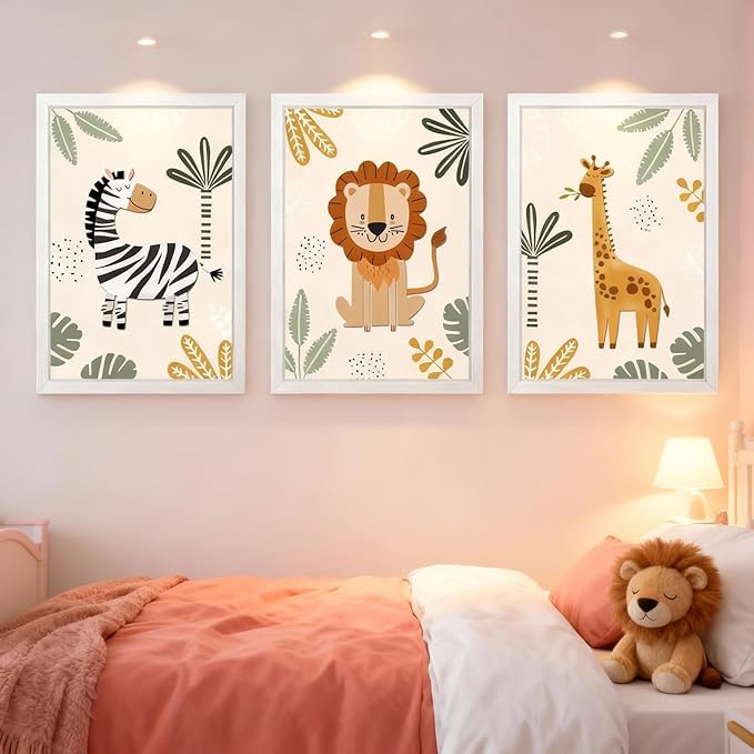 Cute Zebra Lion Giraffe Quote Framed Wall Art Set of 3, 11x16 Boho Educational Animal Wall Sign for Baby Girl Kid Boy Toddlers, Wooden Inspirational Nursery Wall Decor White