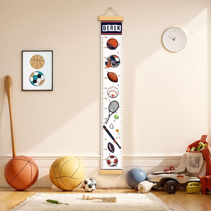Woodemon Personalized Name Growth Chart for Kids, Ball Measuring Height Chart, Meaningful Memories Through Kid Size Chart Measurement, Growth Chart Ruler for Wall, Toddler Room Decor