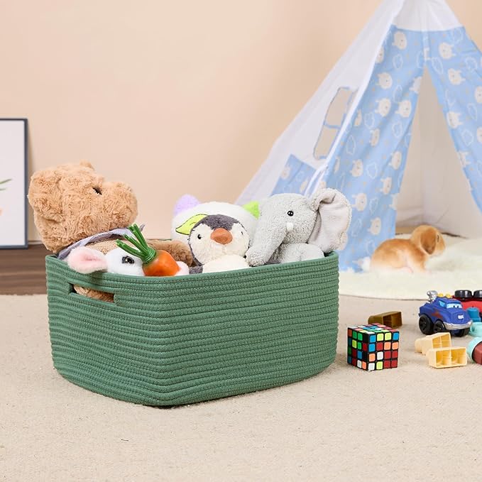 MiniArk Large Storage Baskets for Shelves, Closet Organizers Bins for Clothes Blanket Towels, Baby Nursery, Toy Baskets Box, Woven Rope Baskets, 17 x 13 x 7.5”, 3 Packs Green