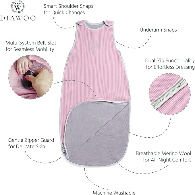 4 Season Baby Sleep Sack–Merino Wool&Organic Cotton–Adjustable Sleeping Bag (2–36 Months) with Two-Way Zipper& Belt Slot