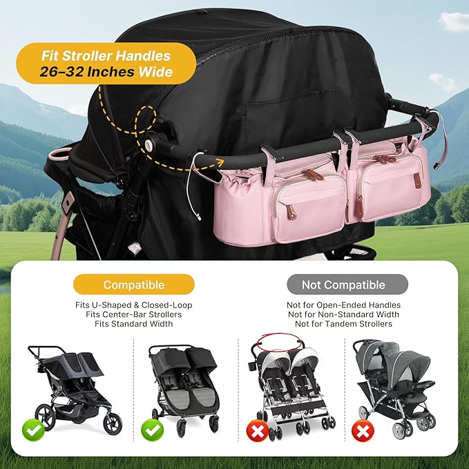 Boomistry Double Stroller Organizer for Bob Duallie and Baby Jogger City Mini GT2, Double Stroller Caddy Organizers with Cup Holder and 2 Cooler Pockets Parent Console Double Stroller Accessories