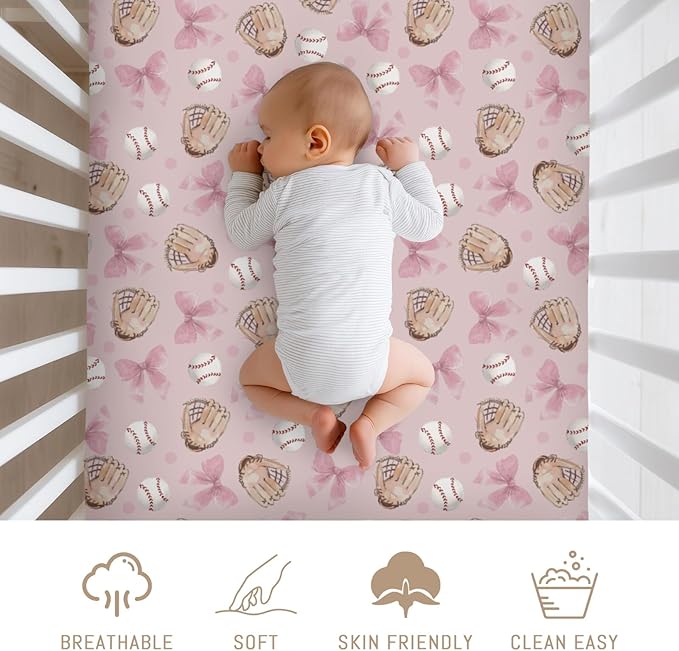 Pastel Pink Baseball Bows Baby Crib Sheets for Boys Girls Watercolor Girly Baseball Soft Snug Fitted Crib Mattress Covers for 52''x28'' Standard Crib & Toddler Mattresses Outdoor Sports Bed Sheets