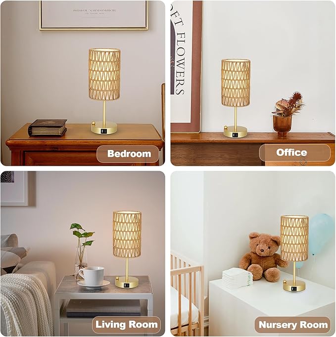 Eayaya Gold Bedside Lamps Set of 2, Touch Control Night Stand Lamp for Bedroom with Rattan & Linen Shade & Bulbs, 3 Way Dimmable Small Boho Table Lamps with USB Charging Port & Phone Stand