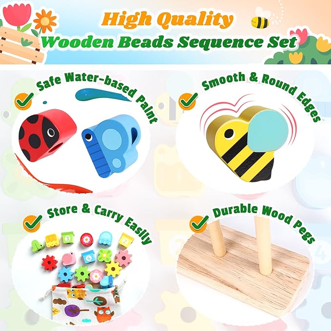 Toys for 2 3 4 Year Old Girl Boy, Wooden Montessori Toys for Ages 2-4 Toddler, Birthday Gifts for Girls Age 2 3 Stacking Blocks & Lacing Beads Sequence for Kids, Toddlers Preschool Learning Activities