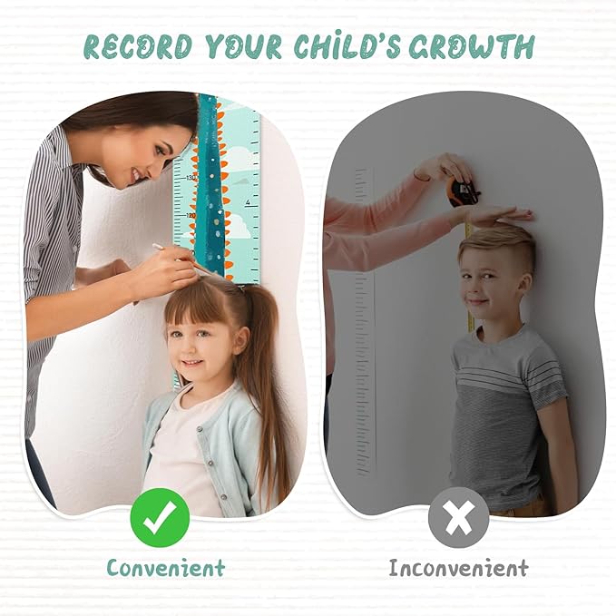 Woodemon Personalized Name Growth Chart for Kids, Cute Dinosaur Baby Height Chart, Canvas Height Measuring Rulers for Boys Girls, Nursery Decor Baby Boy Girl Growth Ruler Measuring Board