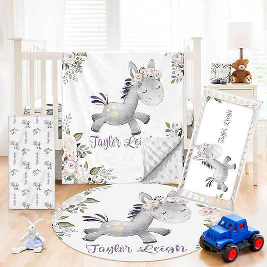 Personalized Crib Bedding Set - 4 Piece Custom Gift Donkey Crib Bed Set with Name, Soft Double Layer Blanket Set for Infant Baby Girl, Nursery Bedding Set for Toddler Boys