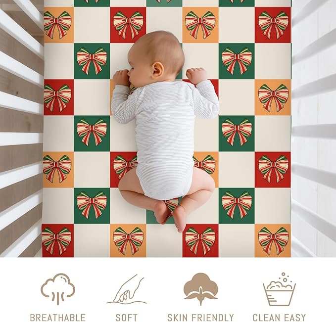 Checkerboard Christmas Bows Red Green Baby Crib Sheets for Boy Girl Vintage Bows Checkered Soft Snug Fitted Crib Mattress Covers for 52''x28'' Standard Crib & Toddler Mattress Ribbon Baby Bed Sheets