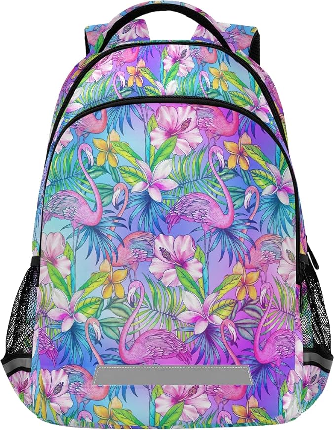 MNSRUU School Backpack with Chest Strap, Flamingo Tropical Bird Flower Laptop Backpack One Size