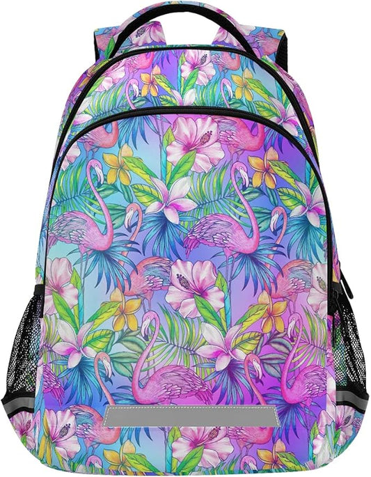 MNSRUU School Backpack with Chest Strap, Flamingo Tropical Bird Flower Laptop Backpack One Size