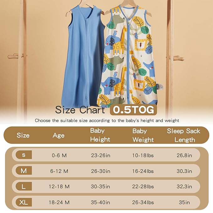 TILLYOU 2 Pack Baby Sleep Sack 6-12 Months 100% Cotton Wearable Blanket 0.5 TOG Sleeveless Summer Sleep Sacks with 2-Way Zipper, Animal Geometry & Blue