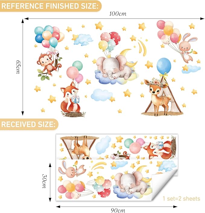 SHUCHING Animal Balloon Wall Decals Peel and Stick, Vinyl Elephant Fox Monkey Wall Sticker, Wall Decor for Girl Nursery Baby Playroom Kids Bedroom