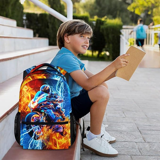 CustomWish Backpack for Boys, Motorcycle Backpack for Kids Teens, Durable School Supplies for Kindergarten Primary Middle Senior, 17 Inch Cool Car Bookbag for School Travel Work