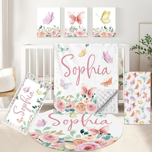 Personalized Crib Set, 5 Pcs Custom Baby Crib Sets with Name, Double Layer Butterfly Nursery Bedding Set for Girls, Soft Flannel Bedding Set, Toddler Infant Customized Gift