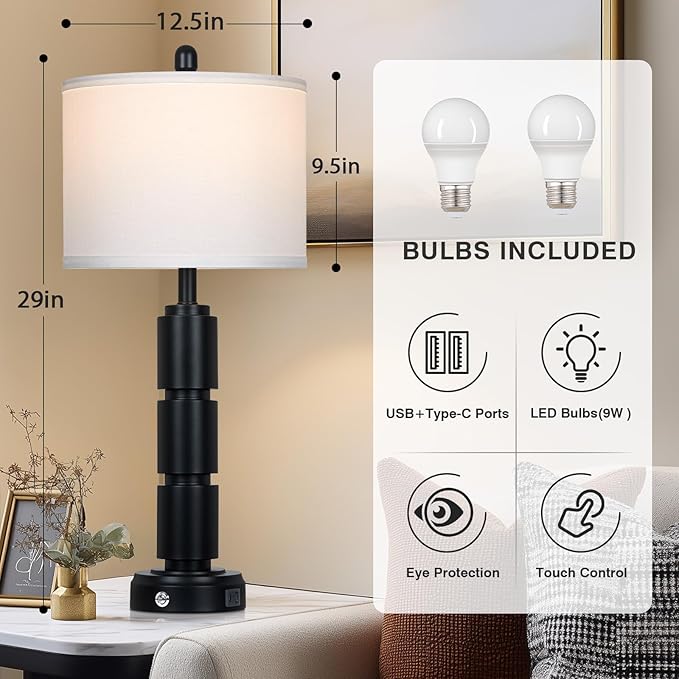 luxeflow Set of 2 Modern Table Lamps for Living Room Bedroom,29" Tall Bedside Lamp with 2 USB Port,Black Metal Touch Nightstand Lamp for Desk End Side Table Entryway,Black