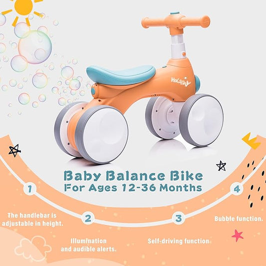 Baby Toddler Balance Bike with Bubble Machine for 1 Year Old Children,4 Wheels Kids Balance Bike w/Bubble Maker,Kids Ride on Toys,Headlight for Ages 12-36 Months Boys Girls (Orange&Green)