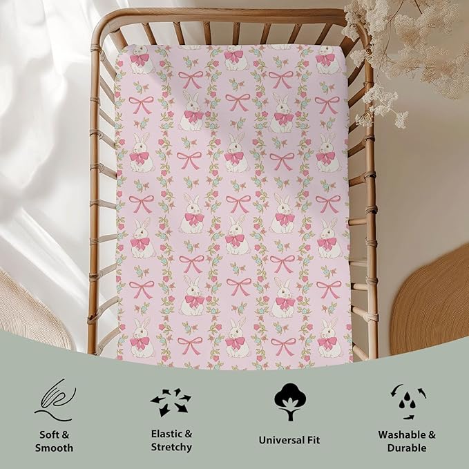 Preppy Bunny Easter Baby Crib Sheets for Boy Girl 52"x28" Pink Easter Rabbits Bows Floral Soft Stretchy Fitted Crib Mattress Cover Spring Garden Baby Sheet for Standard Crib and Toddler Bed Mattress