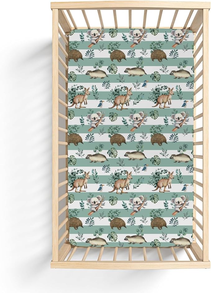 Australian Animals Tropical Leaves Baby Crib Sheets for Boy Girl 28"x52" Koala Green Stripes Soft Stretchy Fitted Crib Mattress Cover Native Australia Baby Sheet for Standard Crib & Toddler Mattress