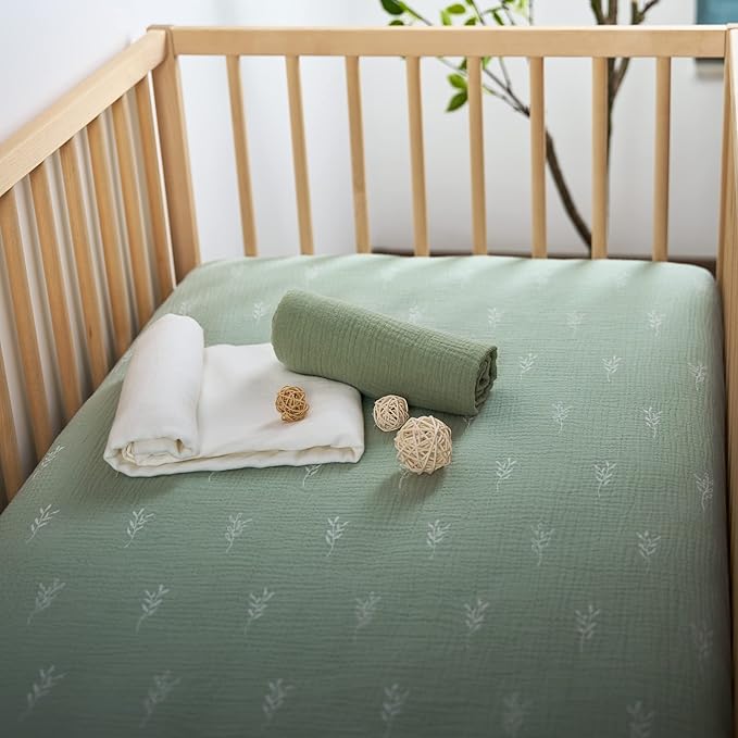 Meracorallo Muslin Fitted Crib Sheet, Soft and Breathable Green Leaf Neutral Baby Crib Sheet for Standard Crib and Toddler Mattresses