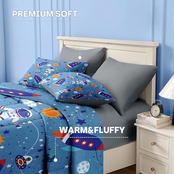 Nesker Comforter Set Toddler Size, Space Moon Astronaut 4 Pcs Bedding for Kids Teens, Science Galaxy Bed Sheet with Pillowcase & Sham