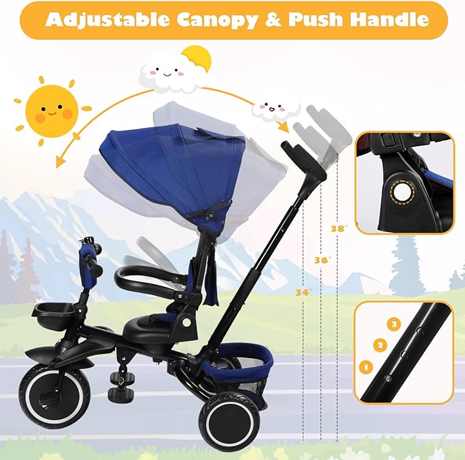 Folding Kids Tricycle, 8 in 1 Baby Trike W/Removable & Adjustable Canopy, Parent Handle, 5-Piont Safety Harness, Toddler Bike Stroller for Kids 1-6 Years, EVA Wheels, Storage Basket, Blue