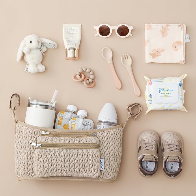LUKJOJO Stroller Organizer - Stylish 3D Herringbone Quilting Nylon, Universal Fit, Detachable Bag, Adjustable Multi-Storage for Baby Essentials
