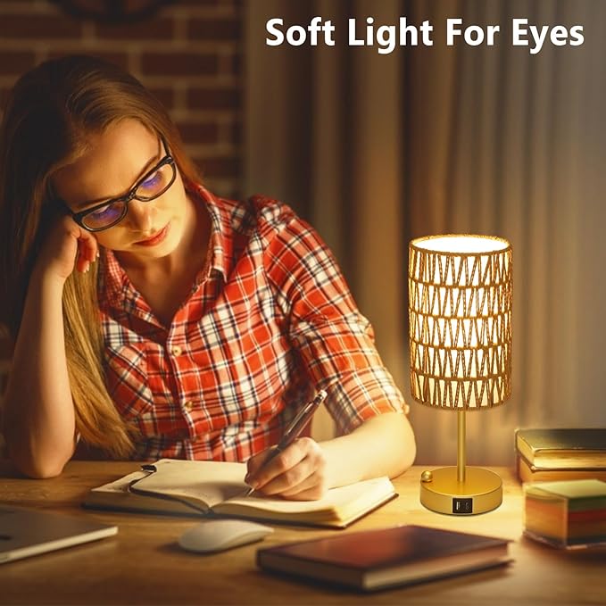 Eayaya Gold Table Lamp for Bedroom with Bulb, Small Touch Control Table Lamp for Living Room with Rattan & Linen Shade, 3 Way Dimmable Bedside Lamp for Nightstand with USB Charging Port & Phone Stand