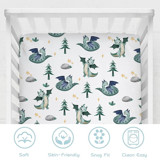 Cartoon Fairy Tale Dragon Trees Stars Baby Crib Sheets 52''x28'' Watercolor Dragons Stretchy Fitted Crib Mattress Cover for Boy Girl Soft Bed Sheet for Standard Crib and Toddler Mattress