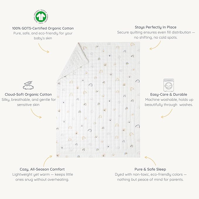 MakeMake Organics Organic Toddler Comforter GOTS Certified Organic Crib Blanket Cotton Infill Tufted Reversible - Ultra Soft Breathable (44"x60", Dotty + Rainbow)