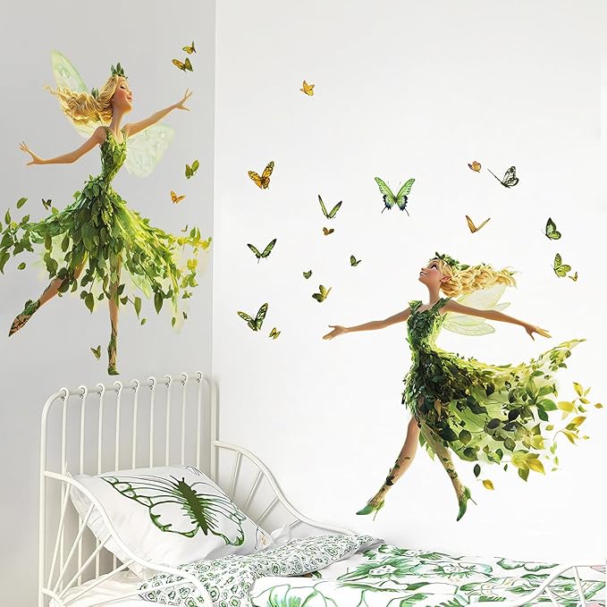 DRWSSR Removable Two Cartoon Green Butterfly Elf Girl Decals Fairy Wall Decals DIY Lovely Dancing Girl Wall Stickers Peel and Stick Butterflies Art for Girls Room Living Room Bedroom Bathroom Decor