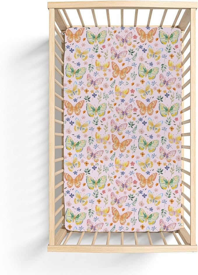 Watercolor Butterflies Spring Floral Baby Crib Sheets Boy Girl 52"x28" Pastel Flowers Leaves Soft Stretchy Fitted Crib Mattress Cover Easter Garden Baby Sheet for Standard Crib and Toddler Mattress