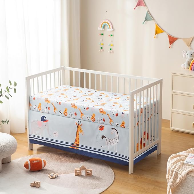 4 Pieces Crib Bedding Set for Baby Boys Girls, Infant Toddler Nursery Baby Bedding Sets Includes Cartoon Quilt, Fitted Crib Sheet, Crib Skirt and Plush Football Toy (MVP)