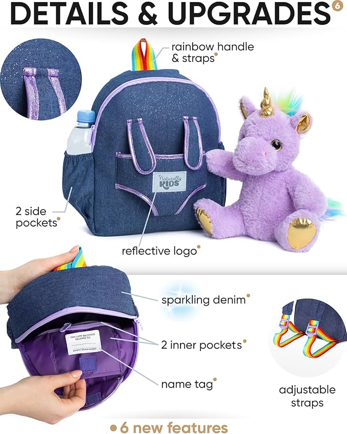 Naturally KIDS 【Upgraded】 Medium Backpack w Removable Purple Unicorn Toy for Girls Age 4-7 | Side&Inner Pockets, Reflective Logo, Sparkling Material | Unicorn Gifts for 5 Year Old Girls – Medium size