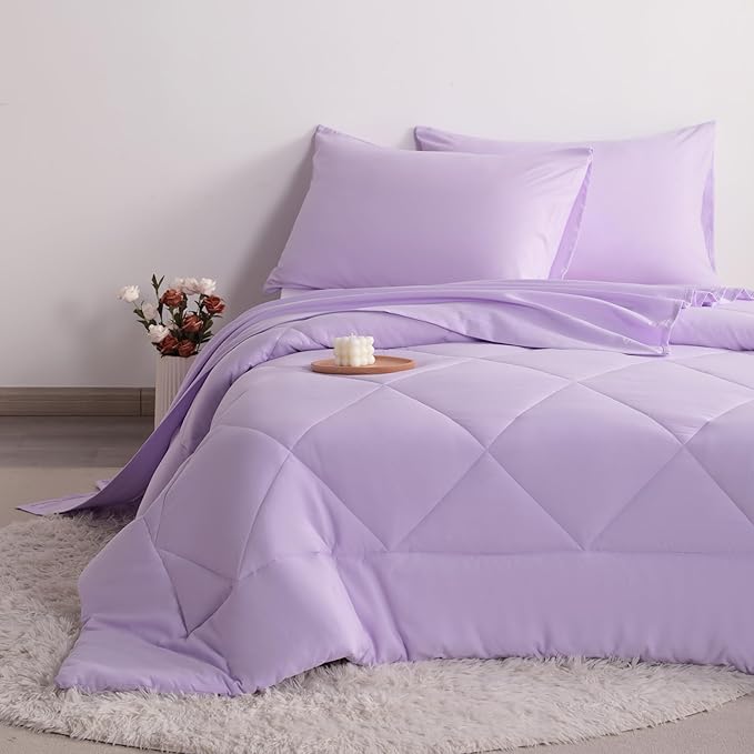 FLXXIE 5 Pieces Toddler Bedding Set, Soft and Breathable Microfiber Crib Sheet Set, Includes Quilted Comforter, Flat Top Sheet, Fitted Sheet, Envelope Pillow Case for Boys and Girls, Lavender