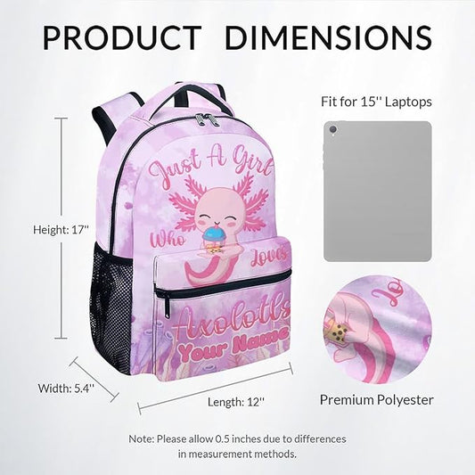 COZYAURA Custom Kids School Backpack - 17 Inch Cute Axolotl Bookbag for Girls - Durable Pink School Bag for Elementary & Travel