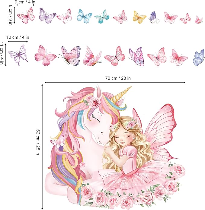 decalmile Large Unicorn Wall Stickers Pink Fairy Girl Butterfly Wall Decals Baby Nursery Bedroom Girls Room Home Decor