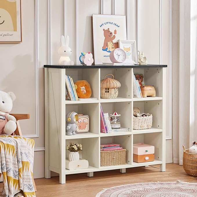 Joaxswe 9 Cube Bookcase, Farmhouse 47 Inch Wide White Bookshelf, Wooden 3 Tier Display Large Open Book Shelf, Vintage Horizontal Book Case for Home Office, Cubby Storage Cabinet for Living Room