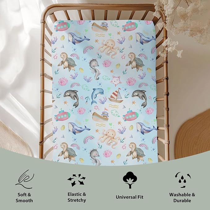 Colorful Ocean Animals Baby Crib Sheets for Boy Girl 52x28Inch Sea Horse Turtle Whale Rainbow Corals Soft Snug Fitted Crib Mattress Cover Marine Life Baby Sheet for Standard Crib & Toddler Mattress