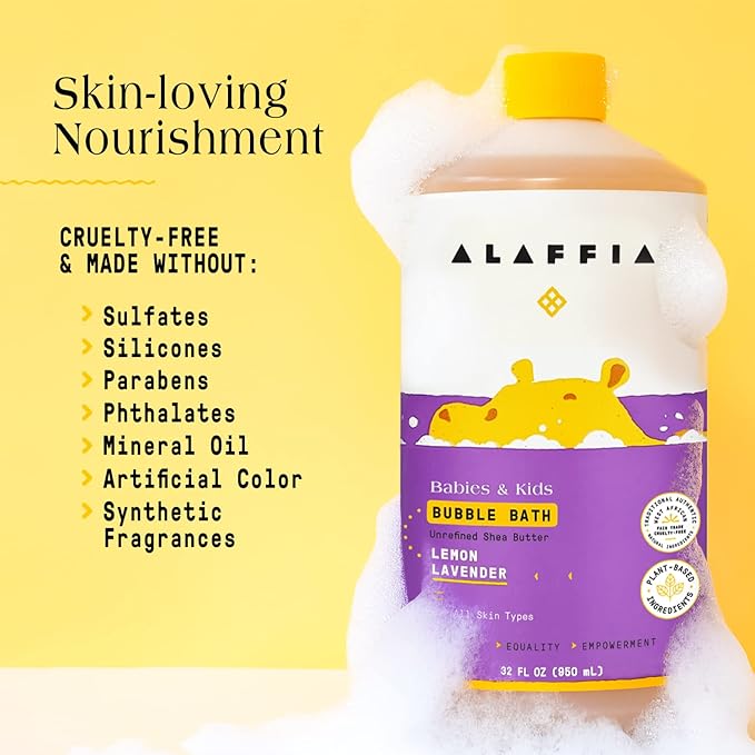 Alaffia Babies and Kids Bubble Bath, Gentle Baby Essentials for Delicate Skin, Cleansing & Calming Bubbles, Plant Based Formula, Vegan, Lemon Lavender (2 Pack - 32 Fl Oz Ea)