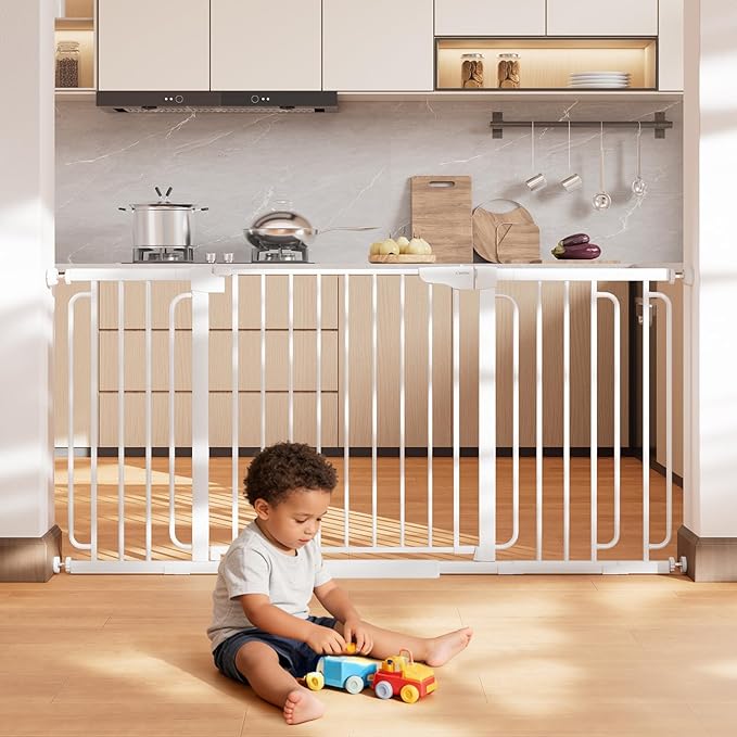 Cumbor 36.6-64" Extra Wide Baby Gate for Stairs, Dog Gates for Doorways, Auto-Close Pet Gate Indoor, Pressure Mounted Walk Through Safety Child Gate for Kids Toddler, Tall Pet Puppy Fence Gate, White