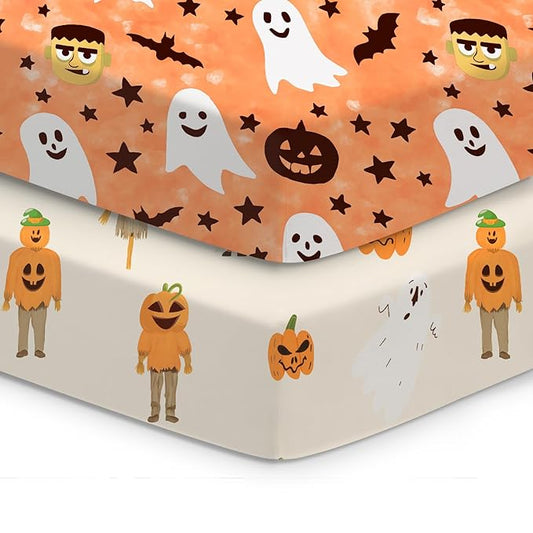 Halloween Baby Crib Sheets, Fitted Crib Sheet for Standard Crib and Toddler Mattress, Frankenstein, Pumpkin, Ghost
