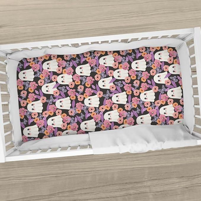 Halloween Spooky Boho Floral Baby Crib Sheets Cute Spooky Retro Flowers Autumn Soft Baby Sheets Fall Holiday Fitted Crib Mattress Cover for Standard Crib Mattress 52"x28"