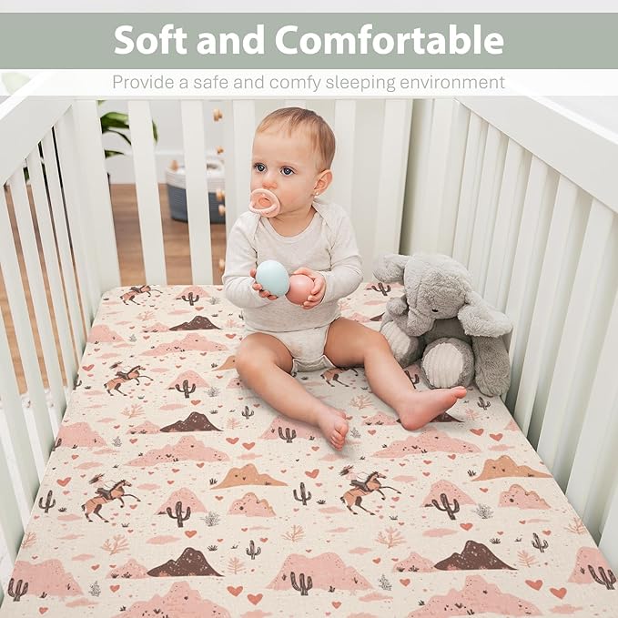Vintage Pink Cowgirl Cactus Baby Crib Sheets for Boy Girl 52"x28" Western Cowgirl Love Soft Stretchy Fitted Crib Mattress Cover Wild Desert Baby Sheet for Standard Crib & Toddler Mattress Pad